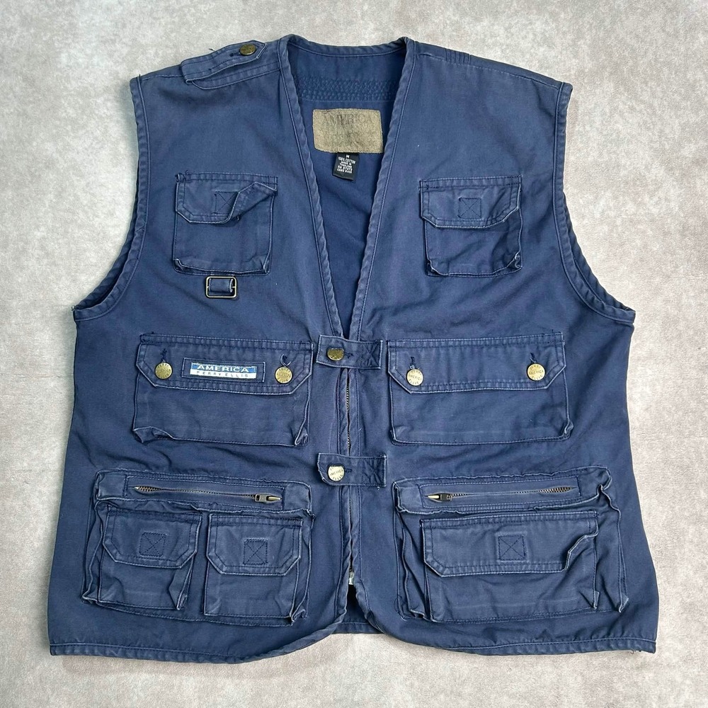 Vintage America Perry Ellis Mens Navy Blue Cotton Utility Fishing Vest Size M *